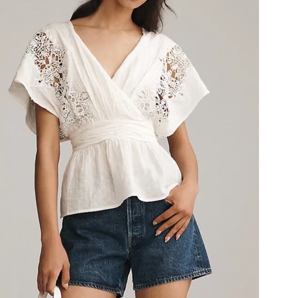 Anthropologie White Eyelet Lace Wrap Blouse